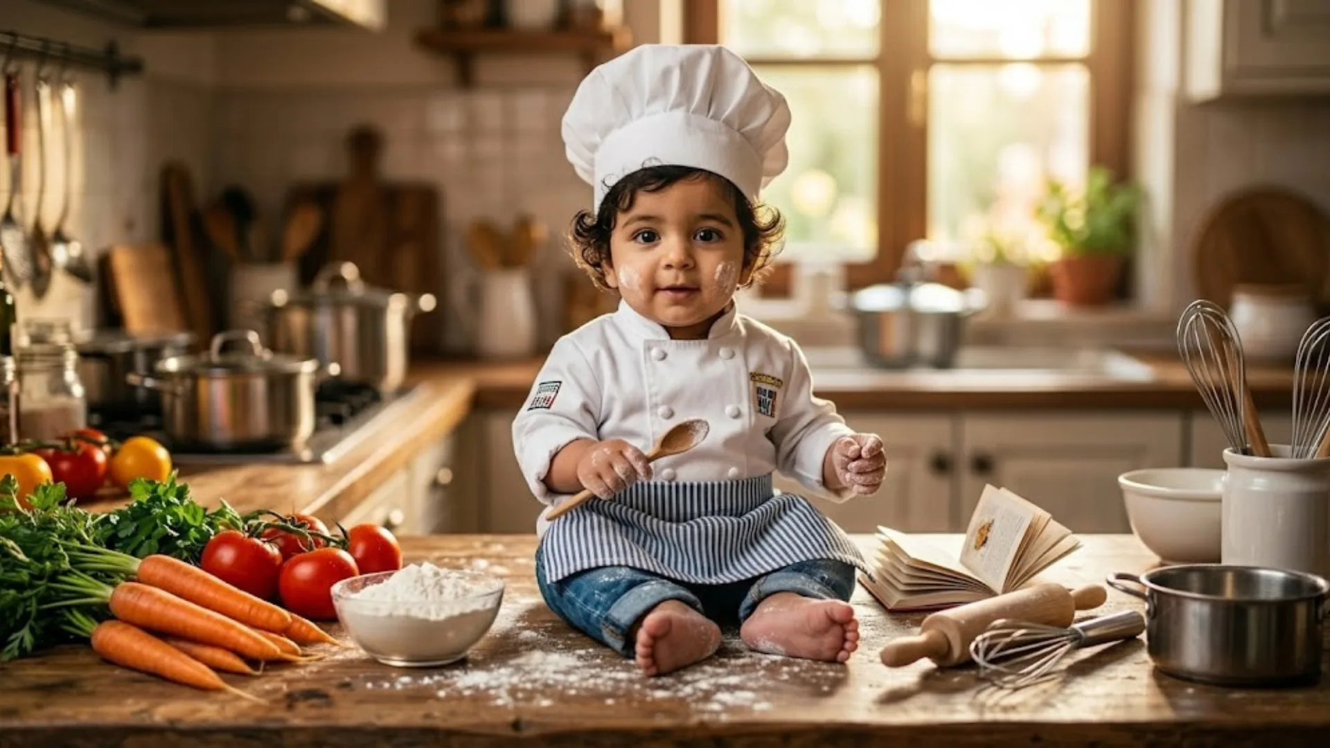 AI-generated baby dressed as a chef on a wooden kitchen counter surrounded by vegetables flour and cooking tools